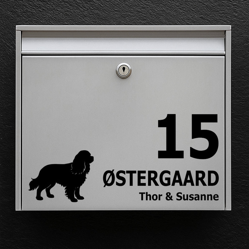 Name sign for mailbox - dog motif: Cavalier King Charles - customize name and house number - robust outdoor sticker