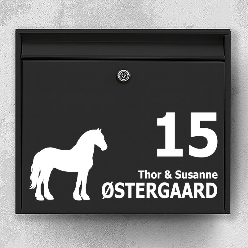 Name sign for mailbox with Friesian horse in silhouette - space for name and house number - robust outdoor sticker