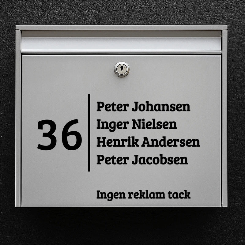 Mailbox sticker – large house number with vertical divider, name list & “No advertising” line