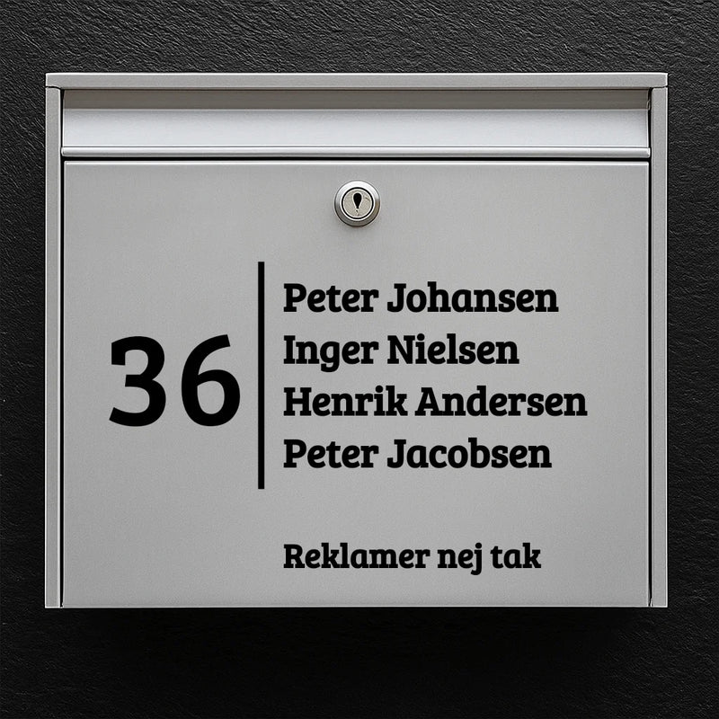 Mailbox sticker – large house number with vertical divider, name list & “No advertising” line
