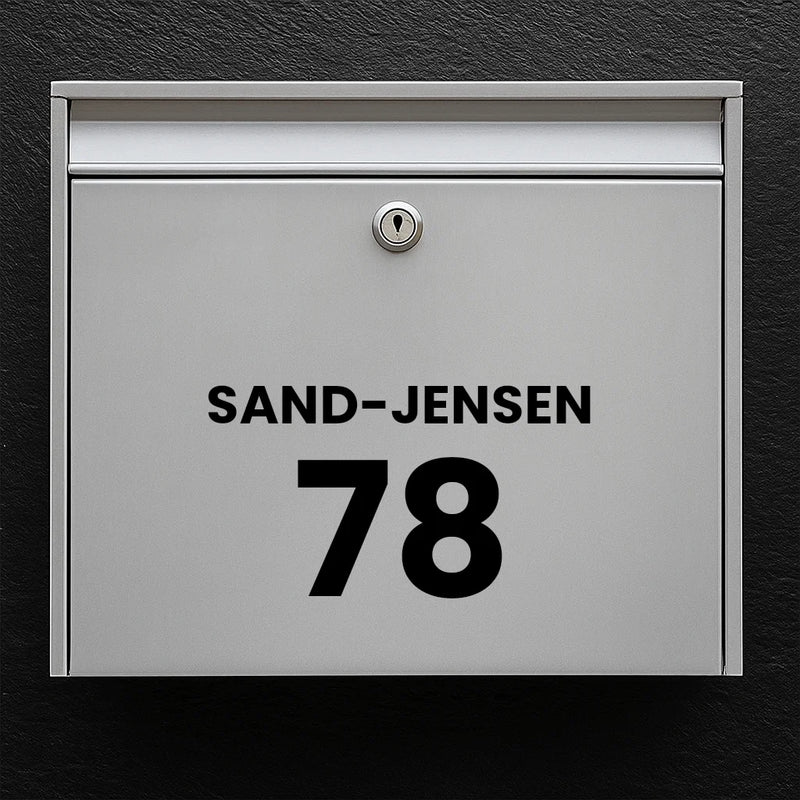 Mailbox sticker – last name above large house number (centered)