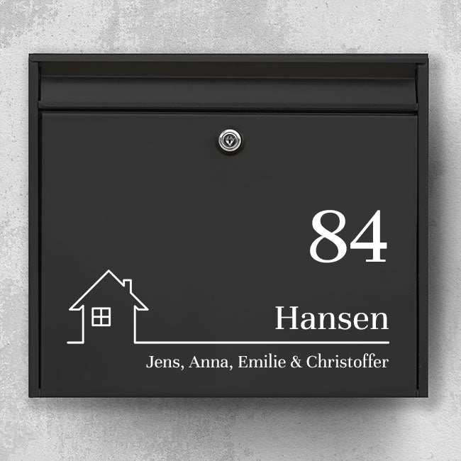Mailbox sticker with house icon and large house number - classic layout with surname and family line - weatherproof vinyl