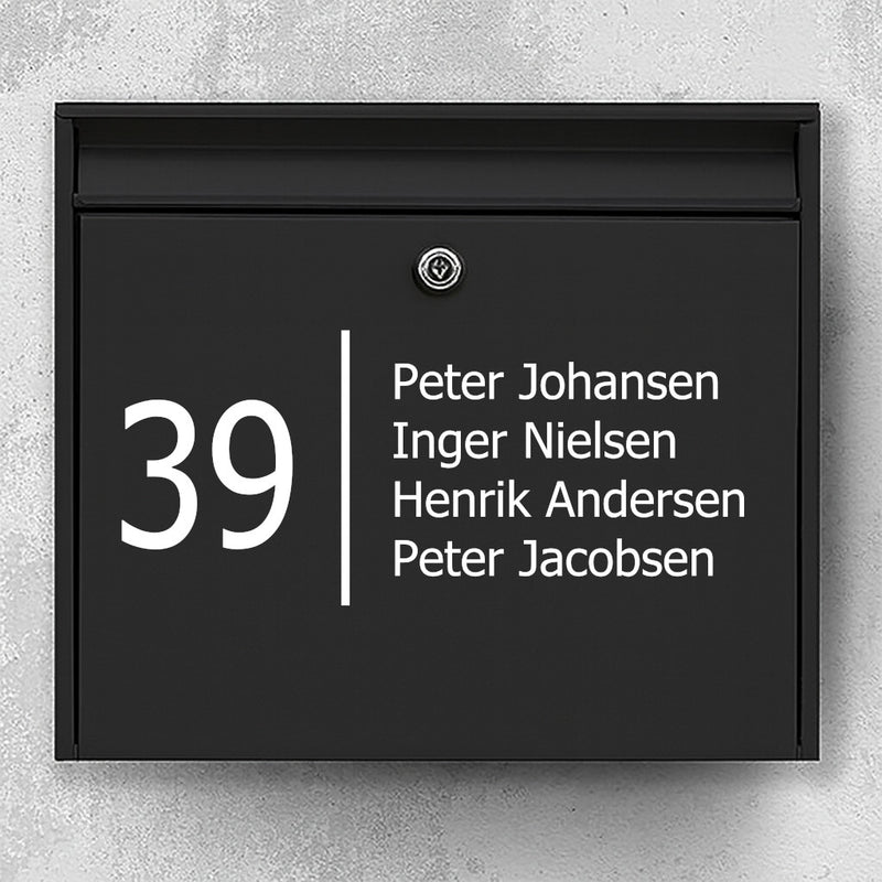 Mailbox sticker with large house number and vertical divider - multi-line name list - weatherproof vinyl