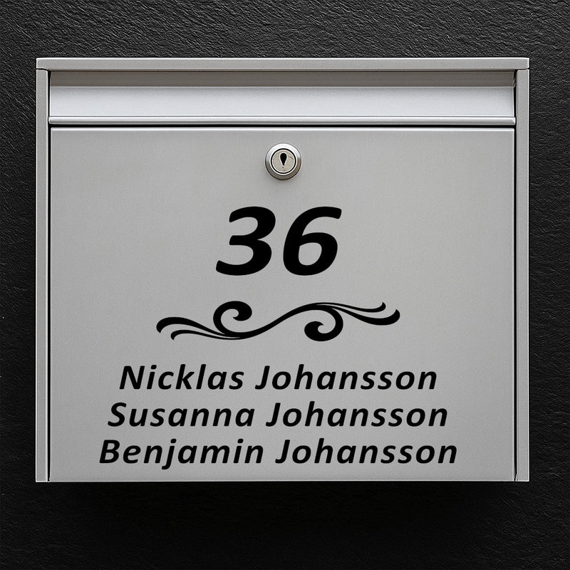 Nameplate/sticker for mailbox - ornamented design with clear number and name list in several lines - weatherproof