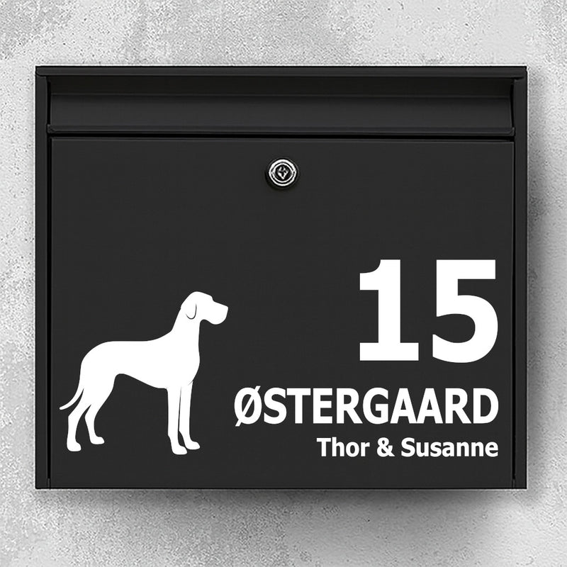 Mailbox sticker with Great Dane in silhouette - personalized text for name and house number - weatherproof vinyl