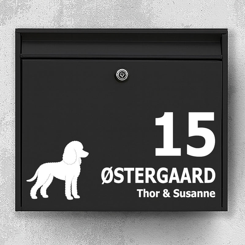 Nameplate for mailbox - dog motif: poodle - personalized text in several lines - robust outdoor sticker