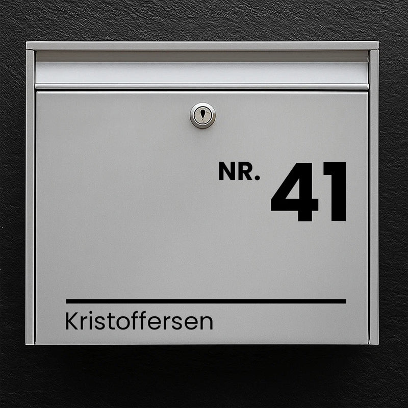 Mailbox sticker – “NR.” large house number & last name with line