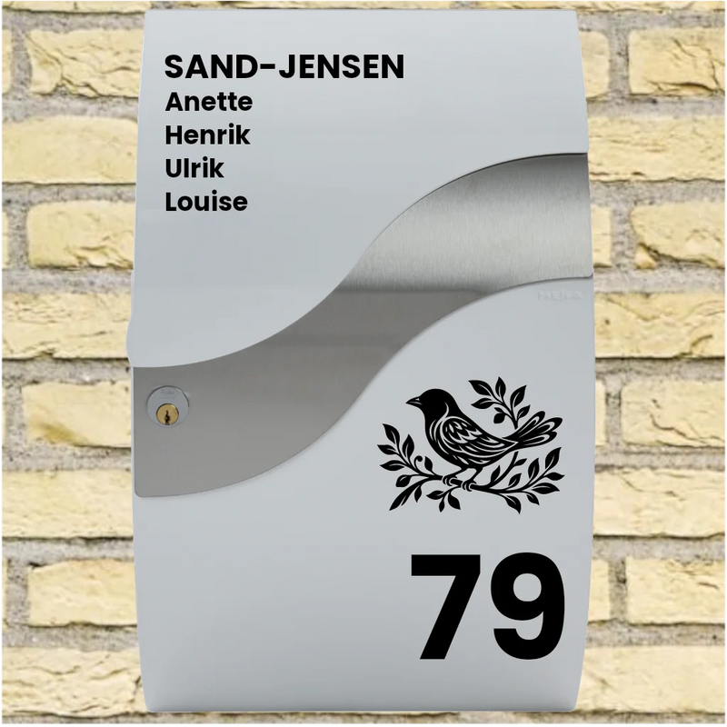Mailbox Sticker – Wave Layout with Bird Motif, Surname, First Names & House Number