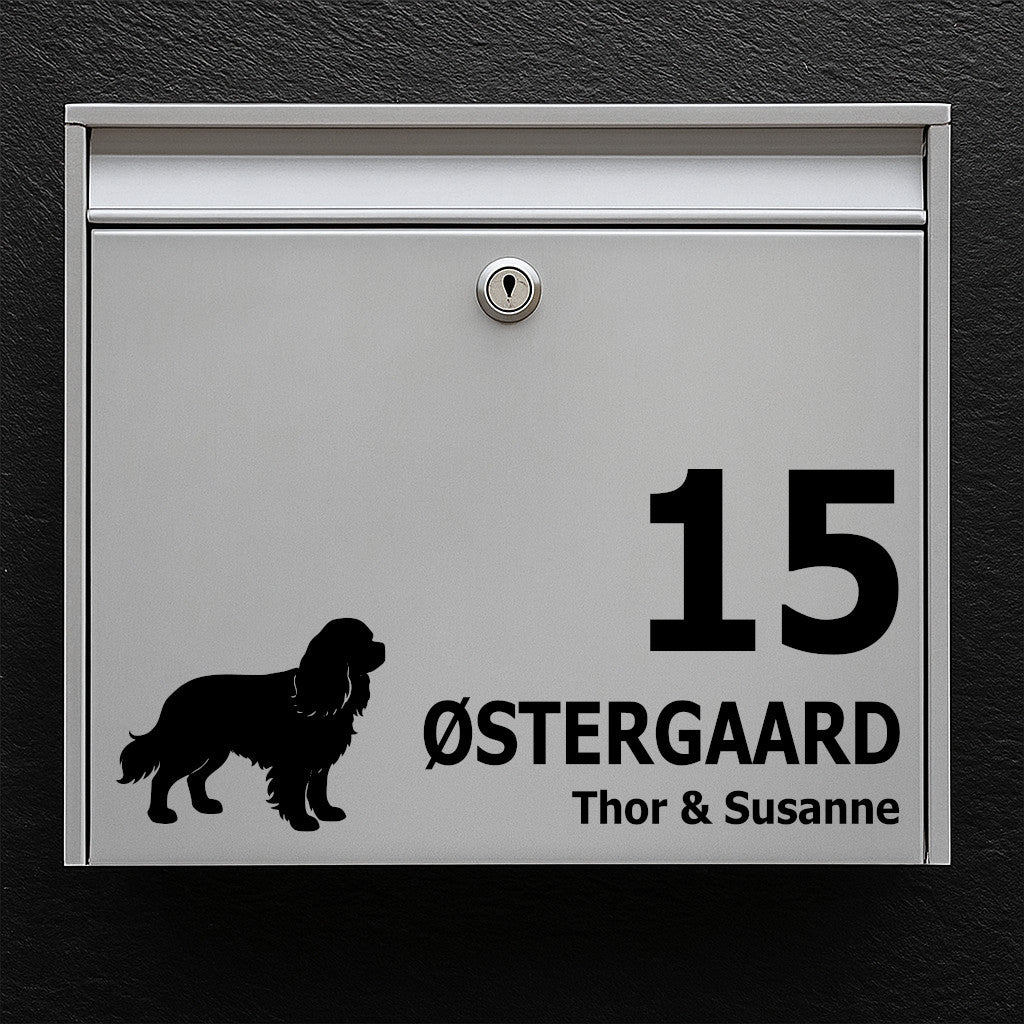 Name sign for mailbox - dog motif: Cavalier King Charles - customize name and house number - robust outdoor sticker