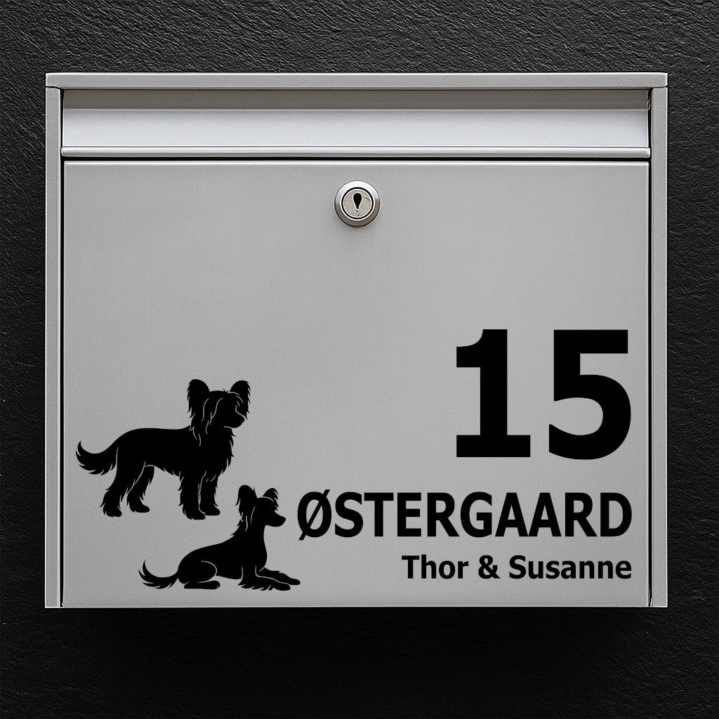 Mailbox sticker with Chinese Crested motif - personalized name/house number label in weatherproof vinyl