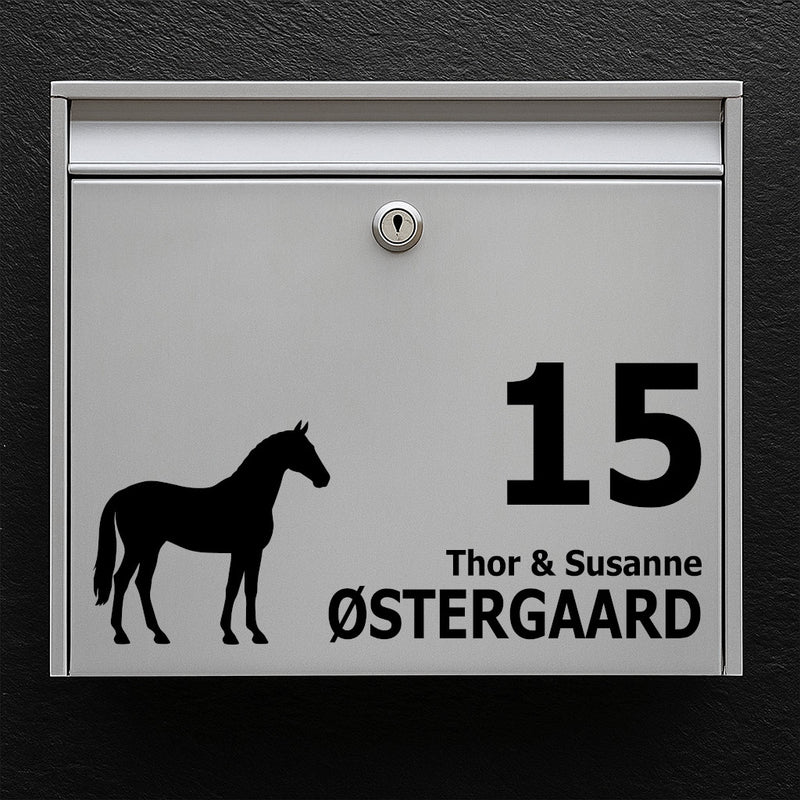 Nameplate for mailbox - horse motif: Danish Warmblood - personal text in several lines and clear typography