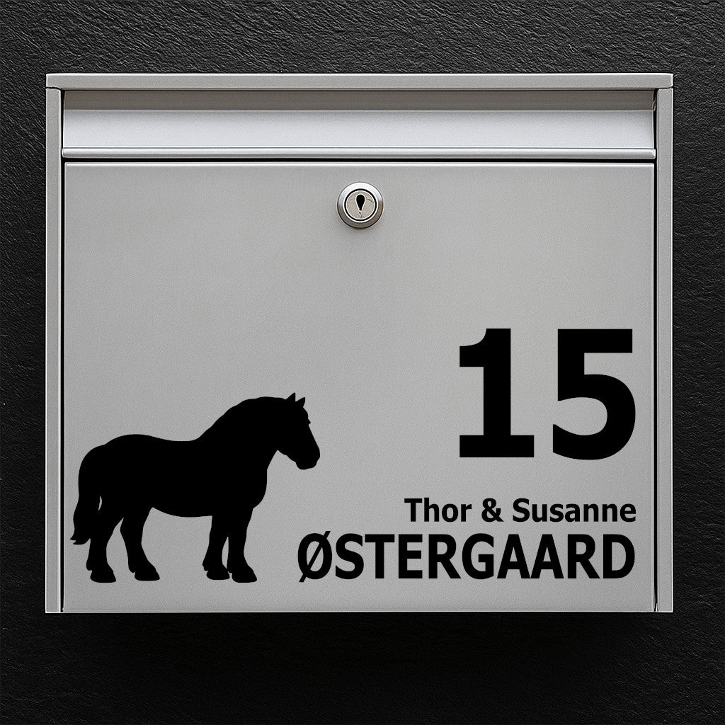 Nameplate for mailbox - horse motif: Jutland horse - customize text in multiple lines - robust outdoor sticker