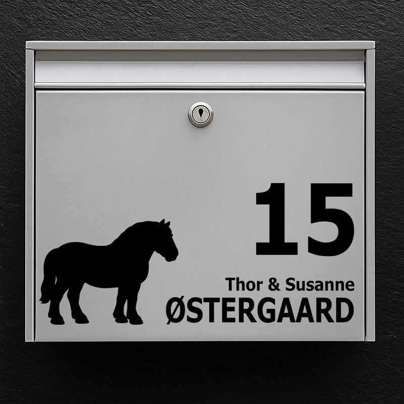 Nameplate for mailbox - horse motif: Jutland horse - customize text in multiple lines - robust outdoor sticker