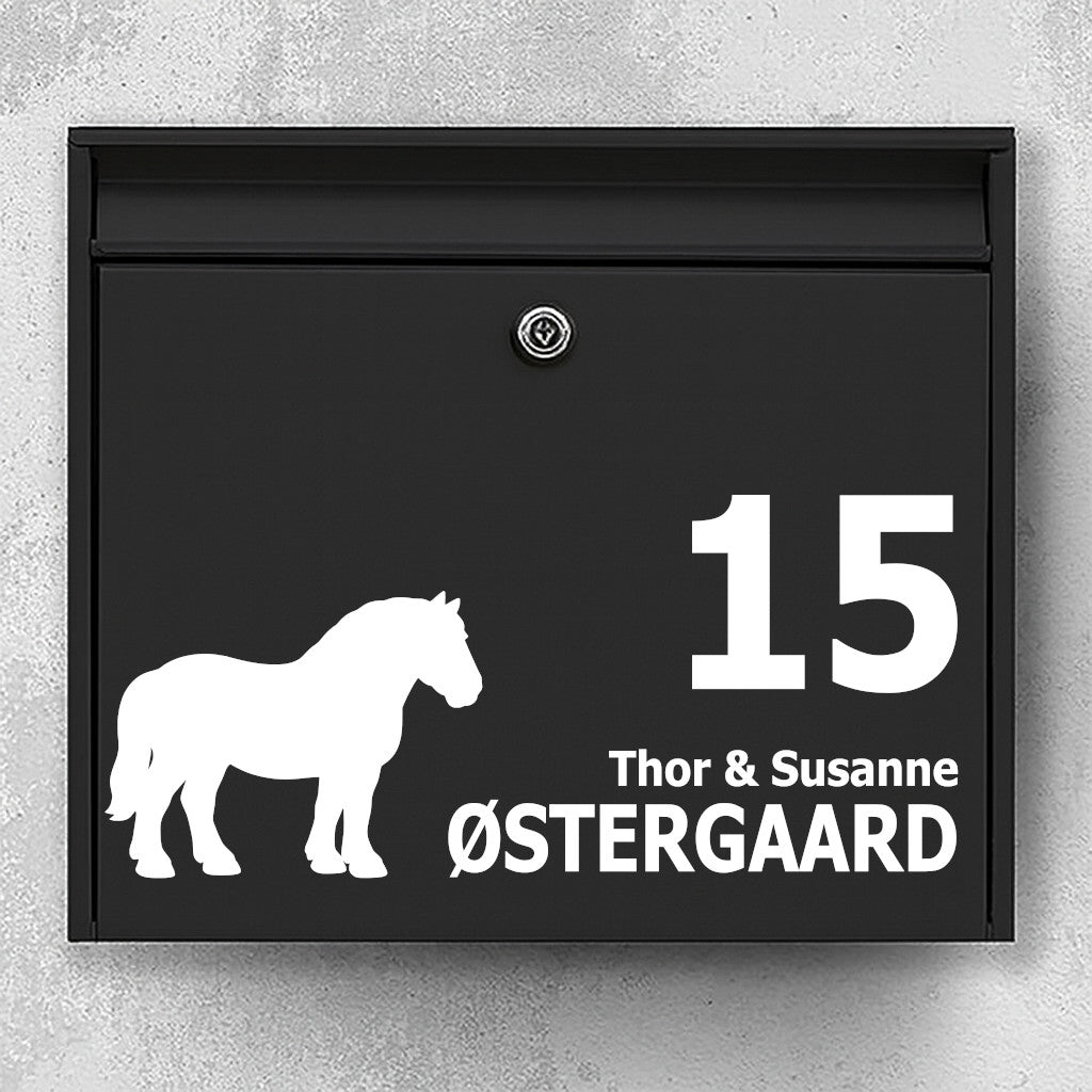 Mailbox sticker with Jutland horse in silhouette - personal name and house number - weatherproof vinyl