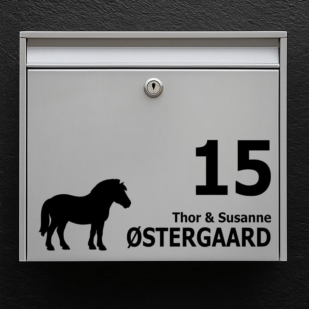 Nameplate for mailbox - horse motif: fjord horse - customize name and house number - robust outdoor sticker