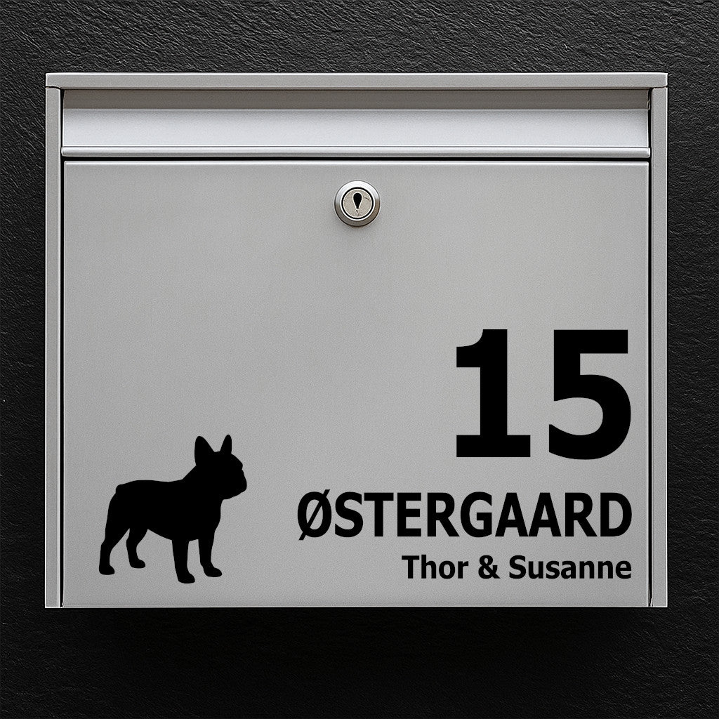 Name sign for mailbox - dog motif: French bulldog - customize name and house number - robust outdoor sticker