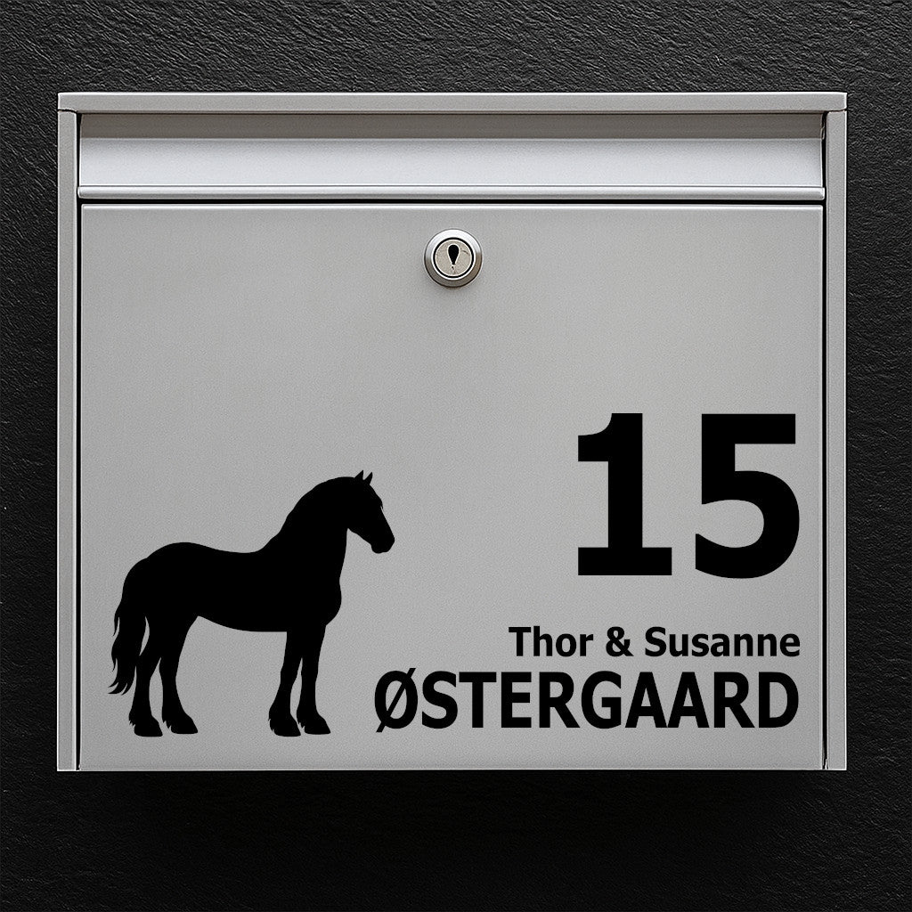 Mailbox label – horse motif (Friesian) – customized text in multiple lines and high readability