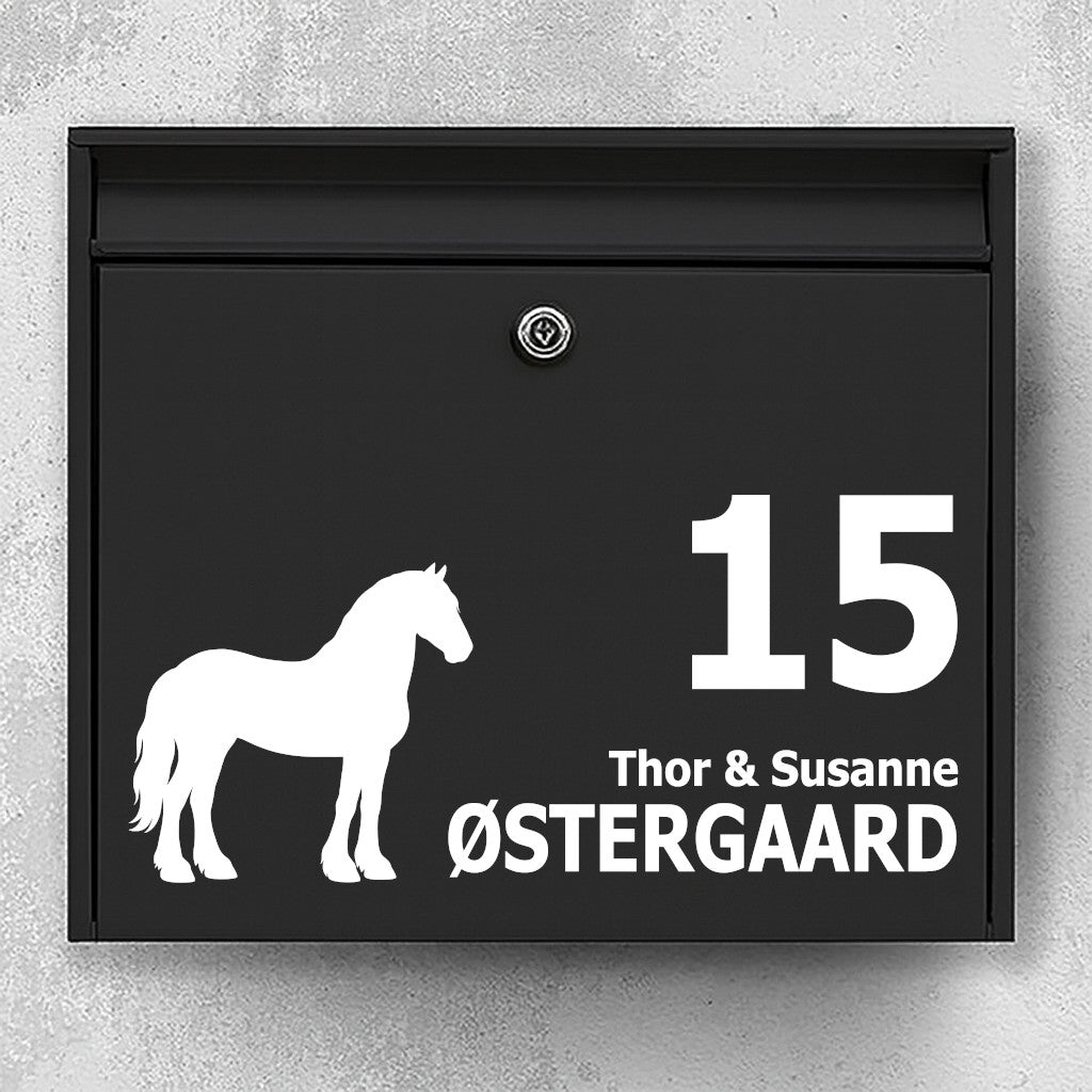 Name sign for mailbox with Friesian horse in silhouette - space for name and house number - robust outdoor sticker