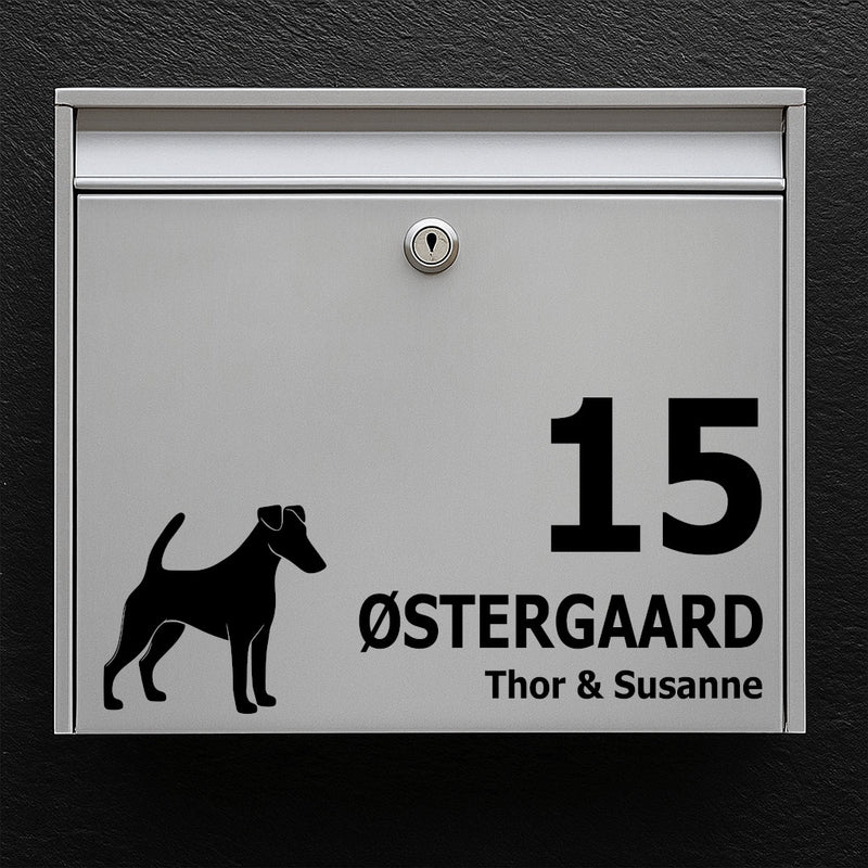 Nameplate/label for mailbox - dog motif: smooth-haired fox terrier - personal text in clear, readable typography