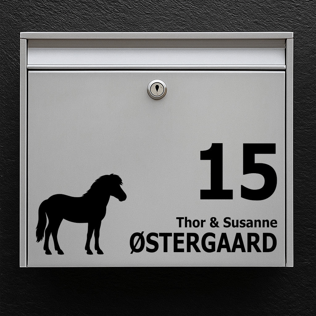Nameplate/label for mailbox - motif of Icelandic horse - personal text in several lines and clear typography
