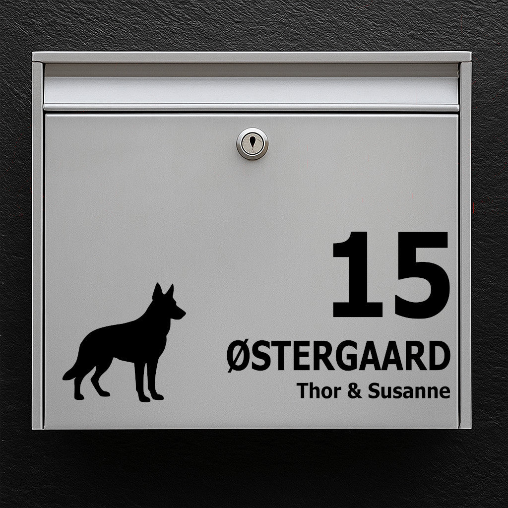 Nameplate for mailbox - dog motif: German Shepherd - customize name and house number - robust outdoor sticker