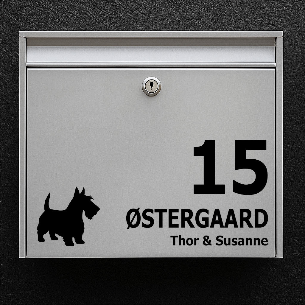 Mailbox nameplate - Scottish terrier motif - custom text in multiple lines - robust outdoor sticker