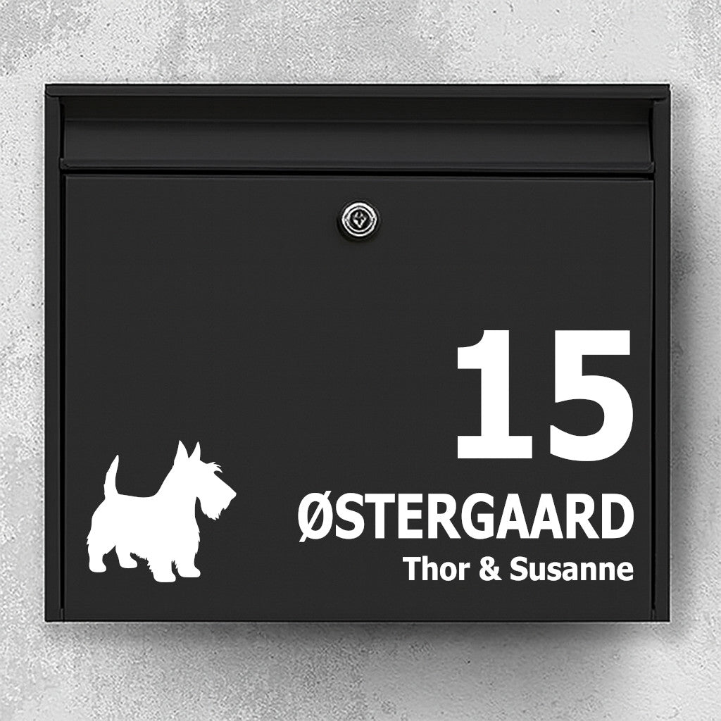 Scottish Terrier Silhouette Mailbox Sticker - Personalised Name and House Number Label - Weatherproof Vinyl