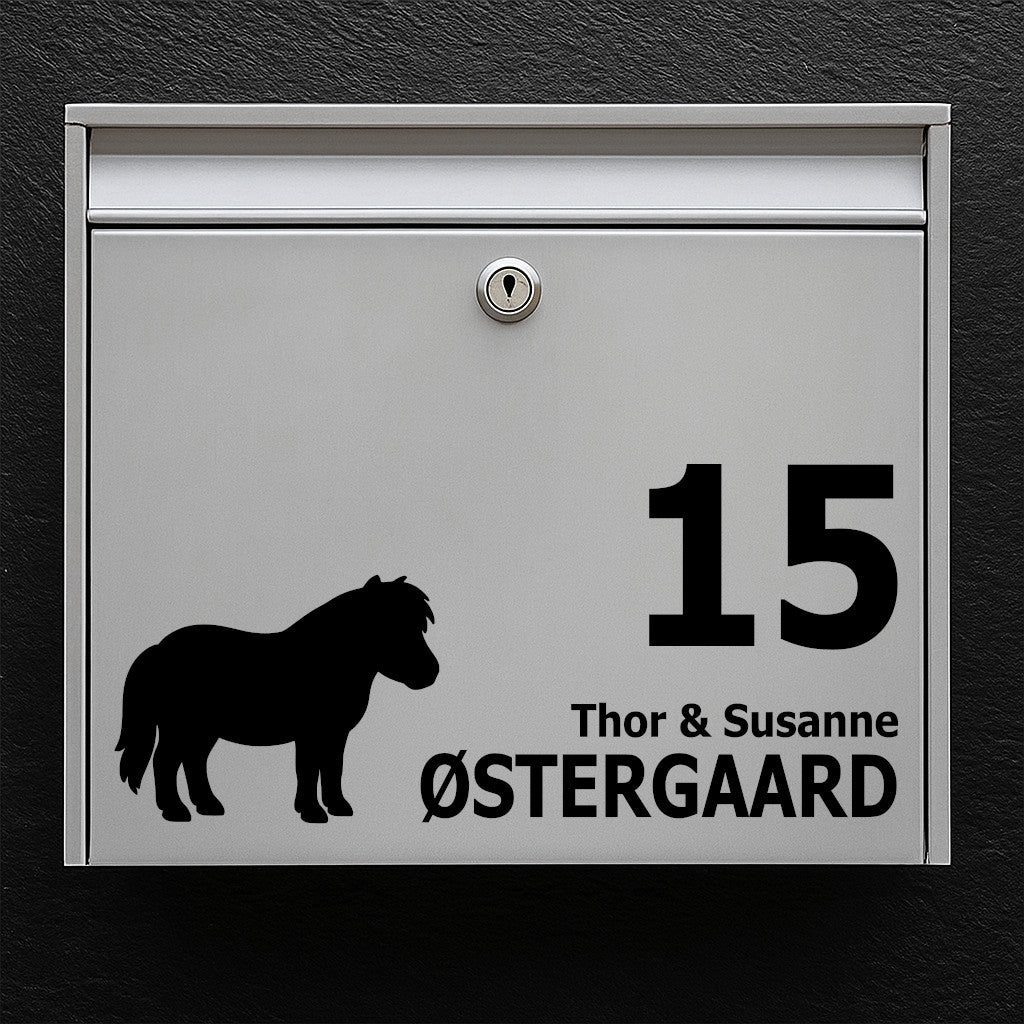 Nameplate for mailbox - horse motif: Shetland pony - customize text in multiple lines - robust outdoor sticker