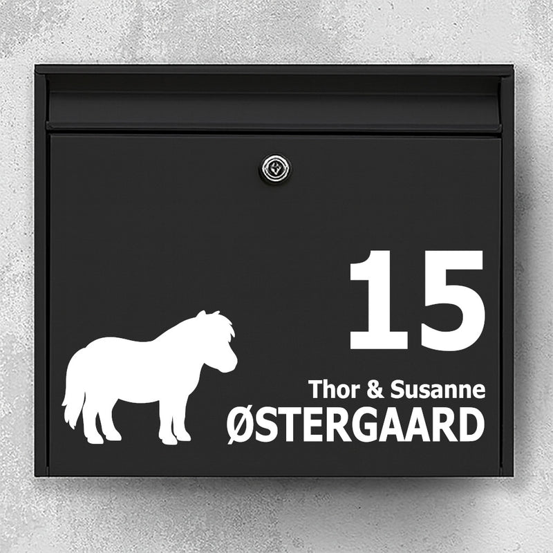 Mailbox sticker with Shetland pony silhouette - personalized name and house number - weatherproof vinyl