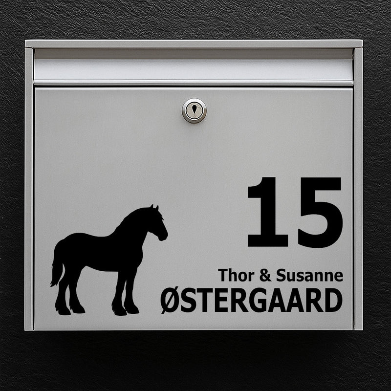 Nameplate for mailbox - horse motif: Shire (draft horse) - customize text in clear, readable typography