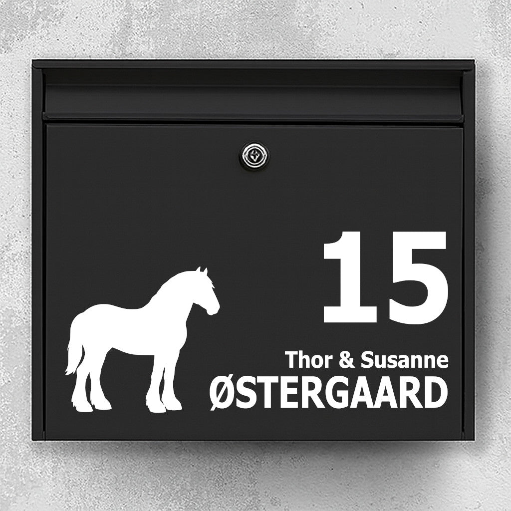 Mailbox sticker with Shire horse in silhouette - personalized name and house number label - weatherproof vinyl