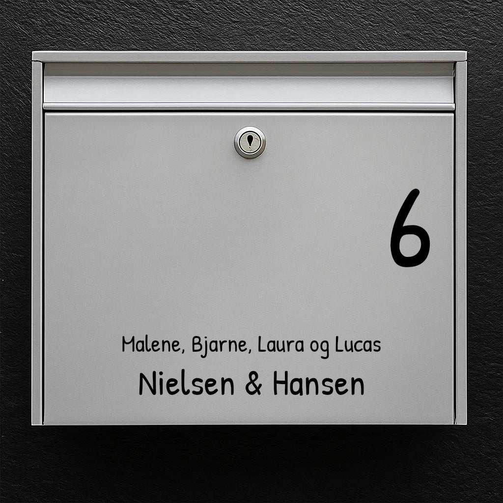 Mailbox sticker – optional font: house number in the right corner, first names & two last names