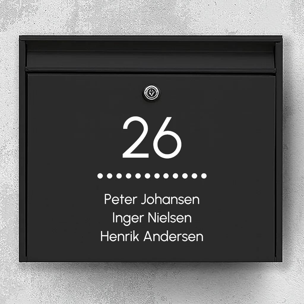 Mailbox sticker – centered house number with dotted line & name list