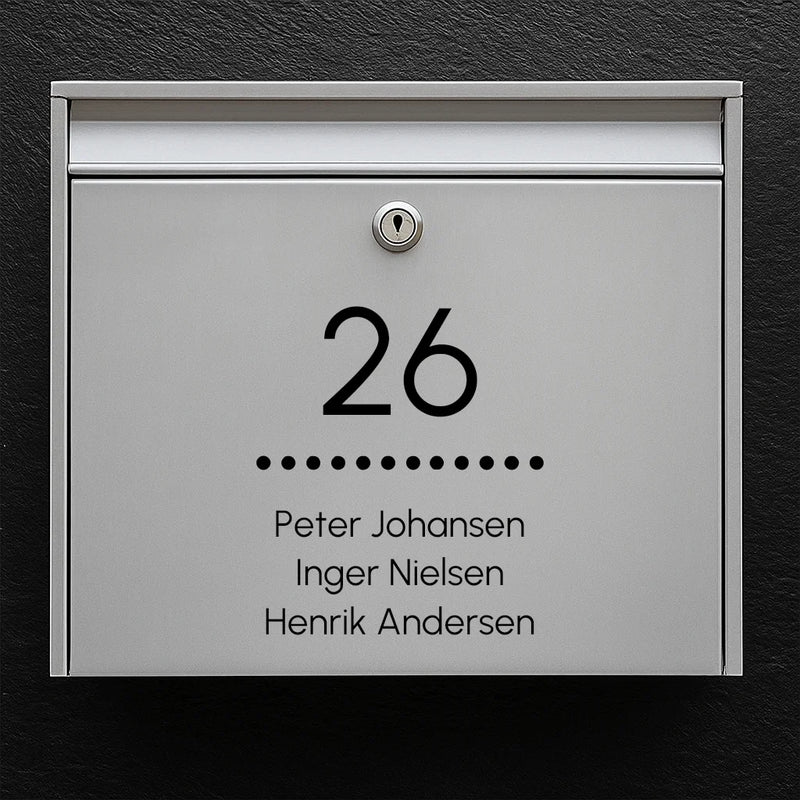 Mailbox sticker – centered house number with dotted line & name list