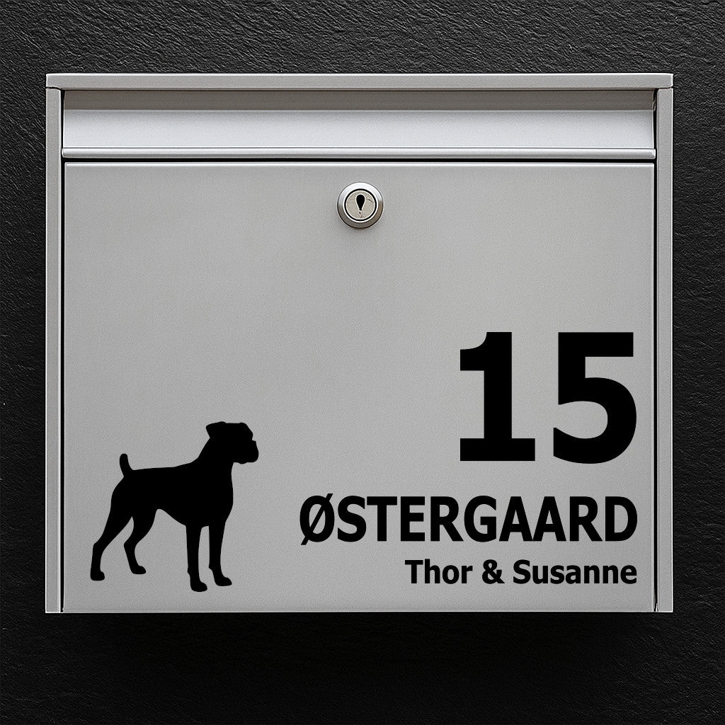 Nameplate for mailbox - dog motif: boxer - customize name and house number - robust, easy-to-install sticker