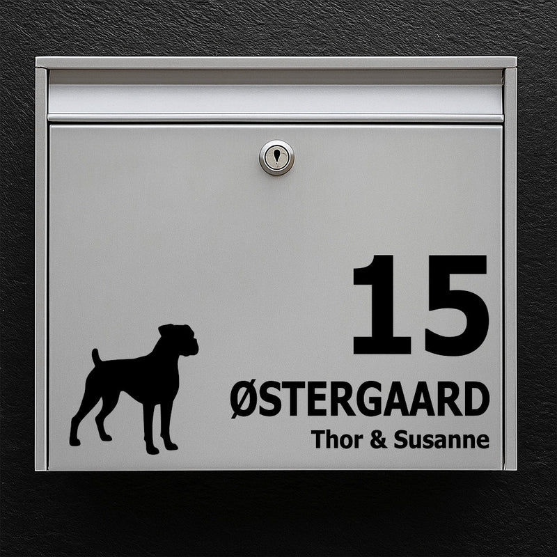 Nameplate for mailbox - dog motif: boxer - customize name and house number - robust, easy-to-install sticker