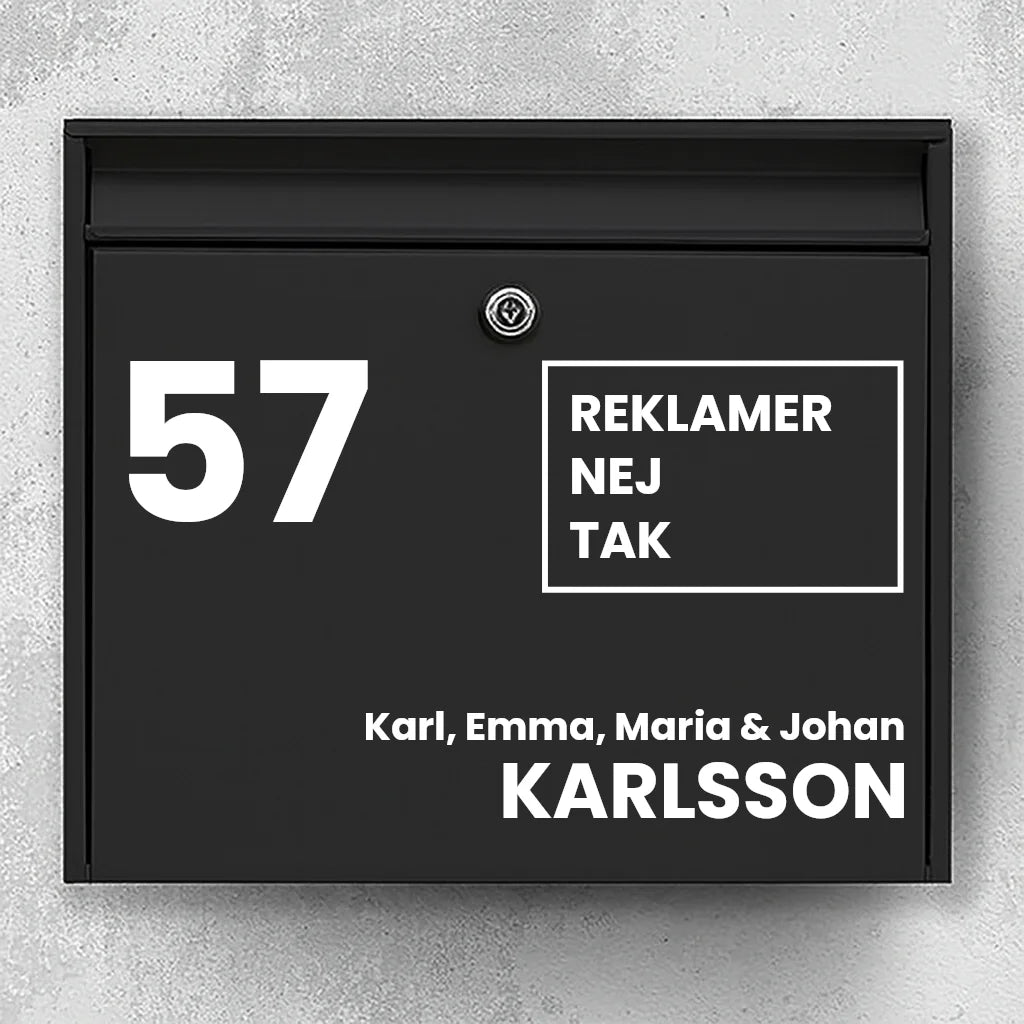 Mailbox sticker – large house number, advertising-free square badge & last name (with first name line)