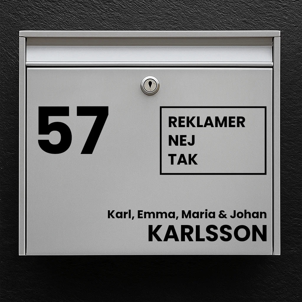 Mailbox sticker – large house number, advertising-free square badge & last name (with first name line)