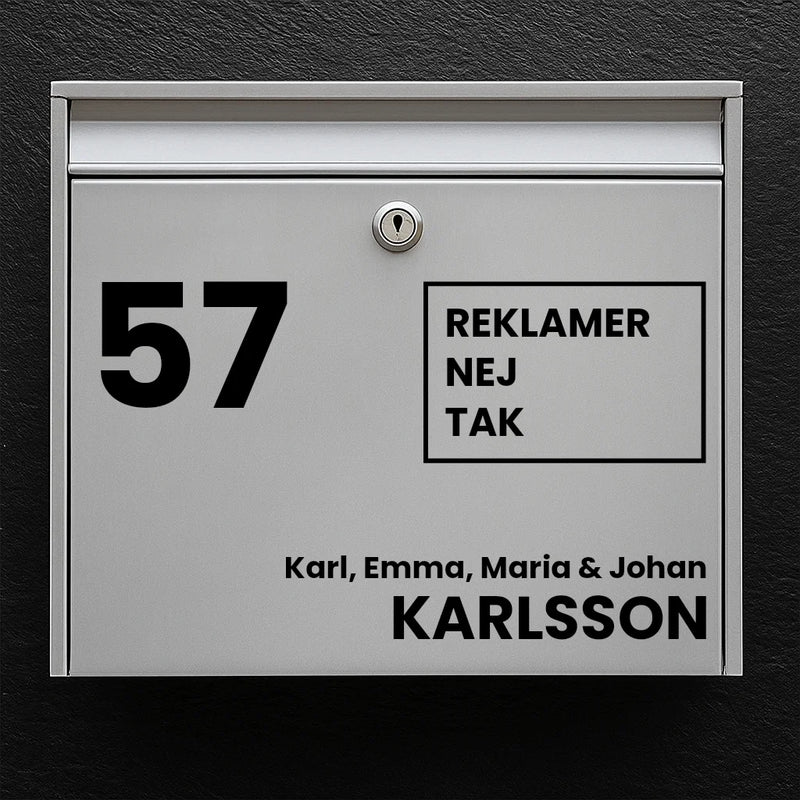 Mailbox sticker – large house number, advertising-free square badge & last name (with first name line)