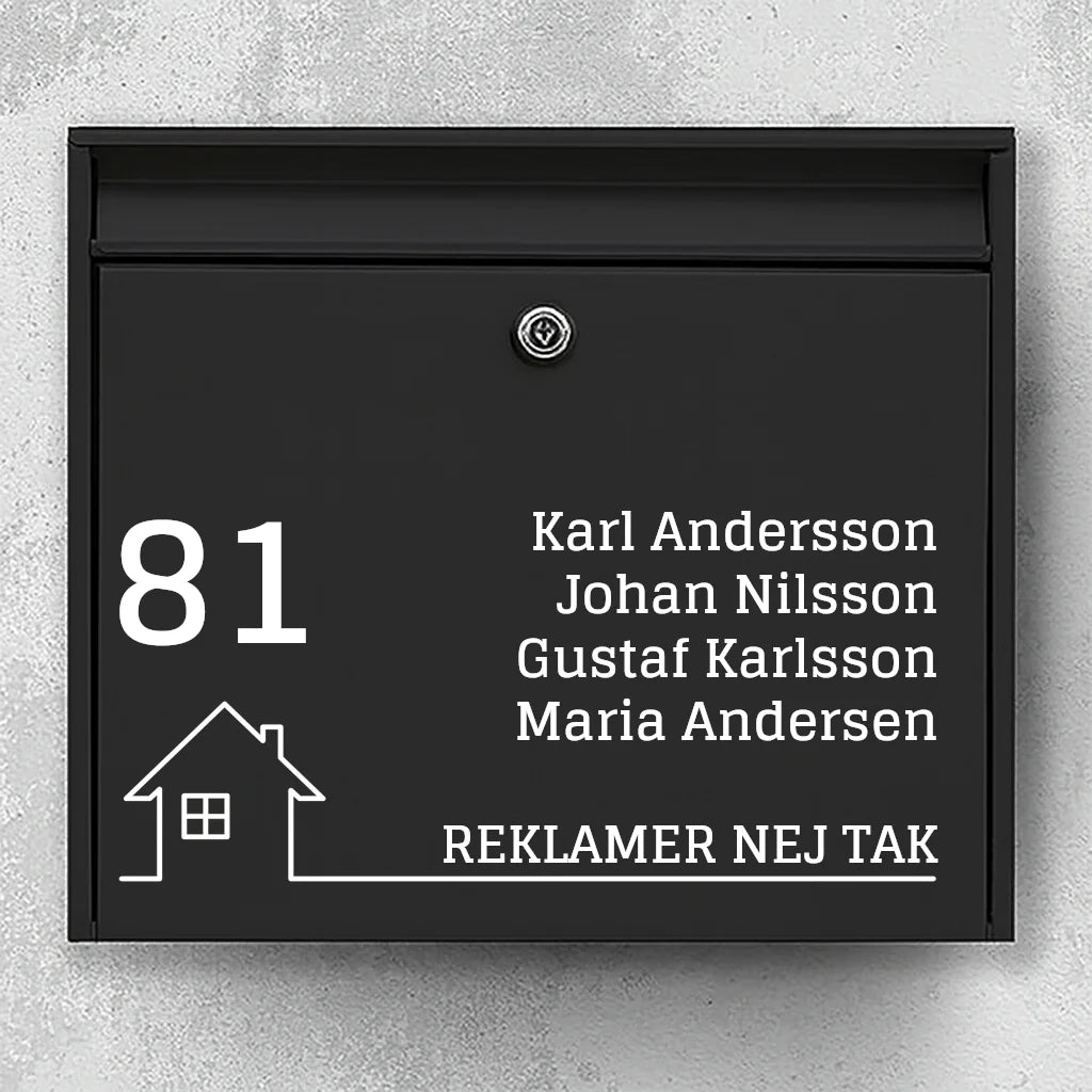 Mailbox sticker - large house number, name list & house icon with "No advertising" baseline