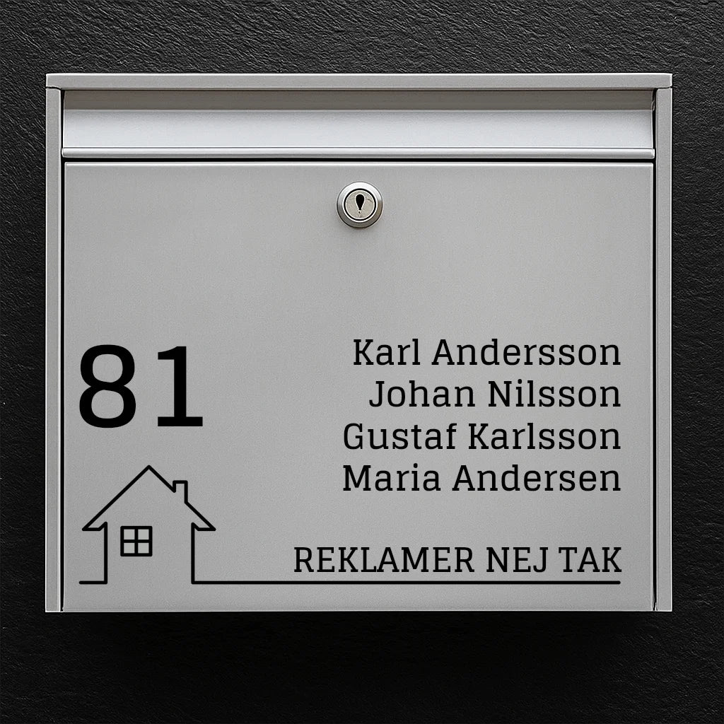 Mailbox sticker - large house number, name list & house icon with "No advertising" baseline