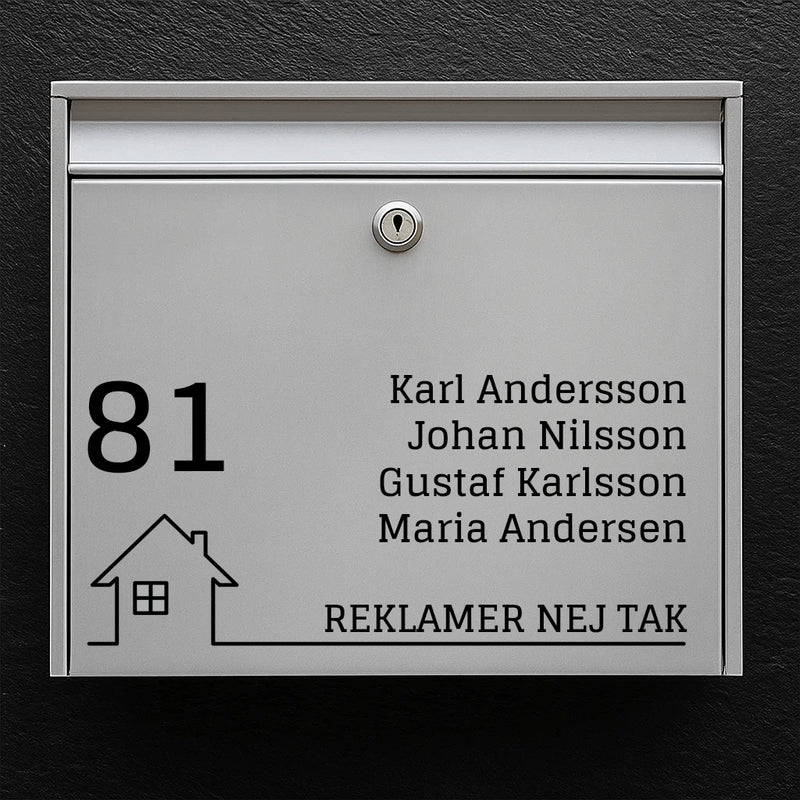 Mailbox sticker - large house number, name list & house icon with "No advertising" baseline