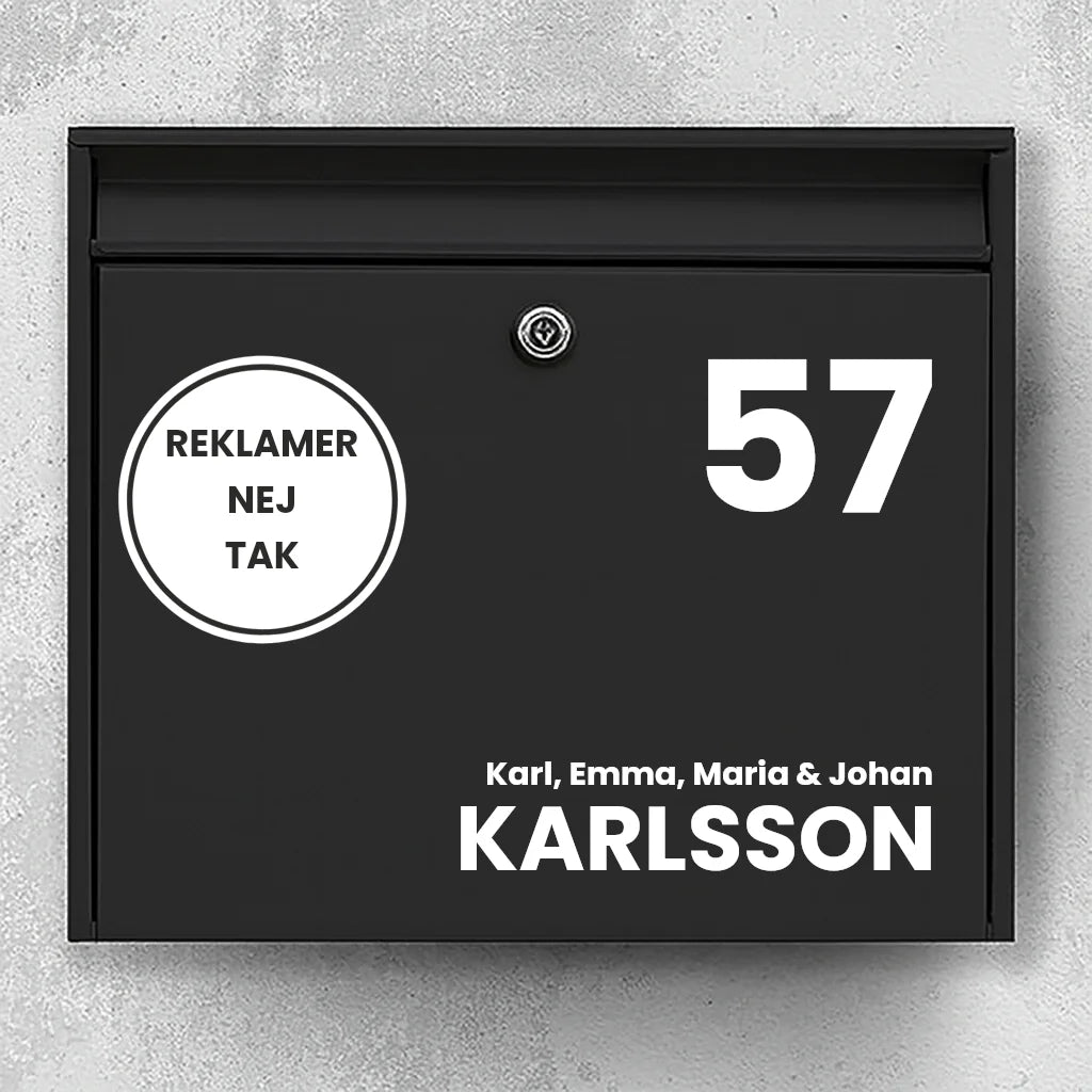 Mailbox sticker – large house number, round advertising-free badge & last name (with first name line)