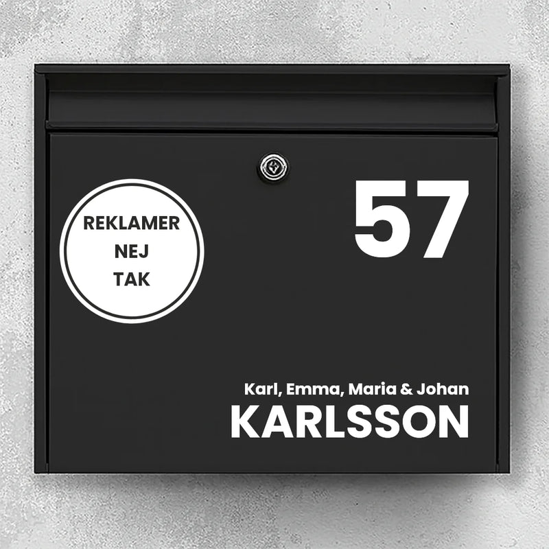 Mailbox sticker – large house number, round advertising-free badge & last name (with first name line)