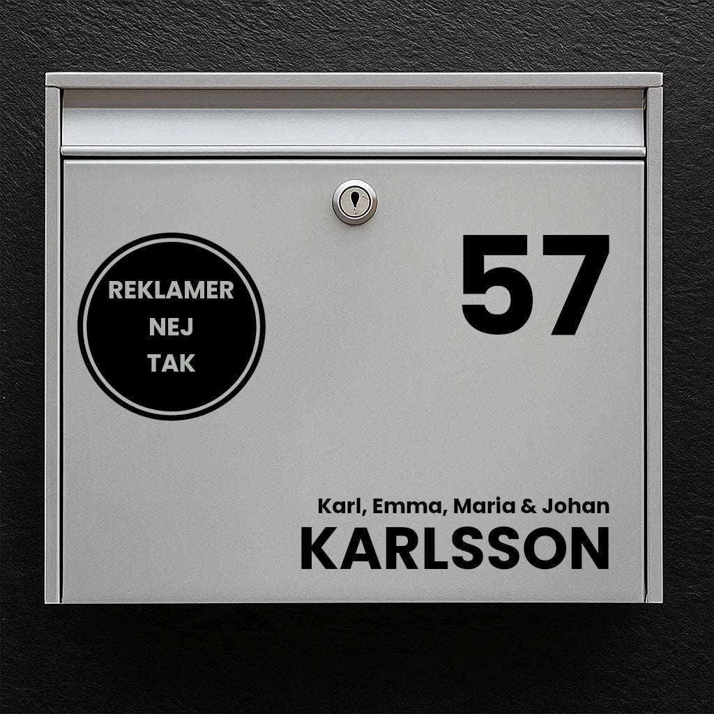 Mailbox sticker – large house number, round advertising-free badge & last name (with first name line)