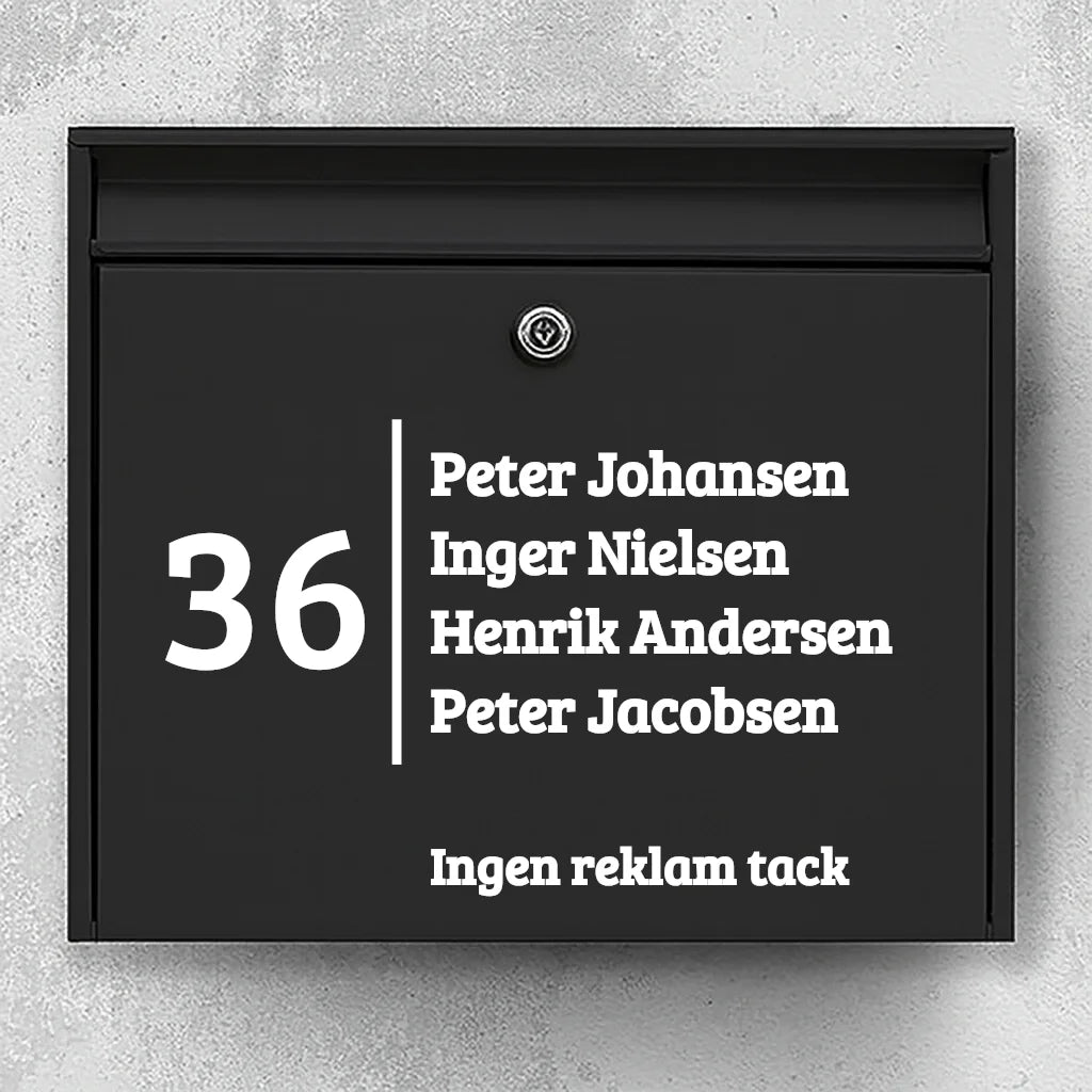 Mailbox sticker – large house number with vertical divider, name list & “No advertising” line