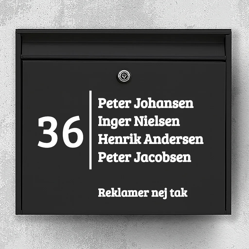 Mailbox sticker – large house number with vertical divider, name list & “No advertising” line
