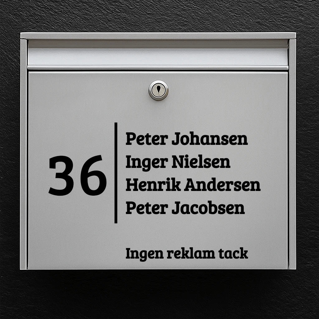 Mailbox sticker – large house number with vertical divider, name list & “No advertising” line