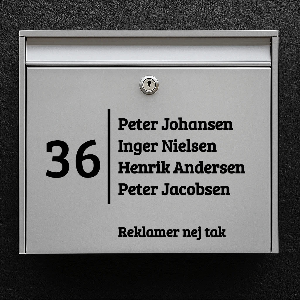 Mailbox sticker – large house number with vertical divider, name list & “No advertising” line
