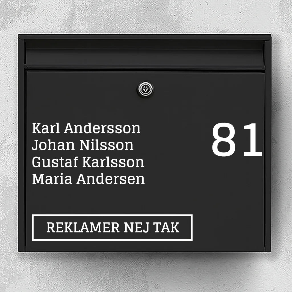 Mailbox sticker - list of names & large house number + "No advertising" badge